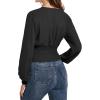 imageLYANER Womens V Neck Shirred Polka Dots Long Sleeve Frill Crop Blouse Shirt TopsSolid Black