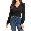imageLYANER Womens V Neck Shirred Polka Dots Long Sleeve Frill Crop Blouse Shirt TopsSolid Black