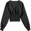 imageLYANER Womens V Neck Shirred Polka Dots Long Sleeve Frill Crop Blouse Shirt TopsSolid Black