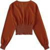 imageLYANER Womens V Neck Shirred Polka Dots Long Sleeve Frill Crop Blouse Shirt TopsSolid Caramel