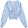 imageLYANER Womens V Neck Shirred Polka Dots Long Sleeve Frill Crop Blouse Shirt TopsSolid Light Blue
