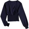 imageLYANER Womens V Neck Shirred Polka Dots Long Sleeve Frill Crop Blouse Shirt TopsSolid Navy
