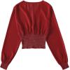imageLYANER Womens V Neck Shirred Polka Dots Long Sleeve Frill Crop Blouse Shirt TopsSolid Red