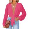 imageLYANER Womens Deep V Neck Tie Front Knot Long Sleeve Sexy Wrap Crop Top Blouse Rose Small
