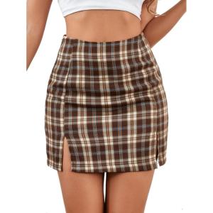 imageLYANER Womens Cute Split Front Plaid High Waist Zip Up Mini Bodycon SkirtBrown