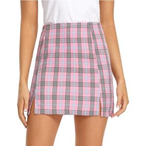 imageLYANER Womens Cute Split Front Plaid High Waist Zip Up Mini Bodycon SkirtPink