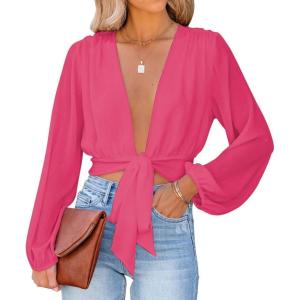 imageLYANER Womens Deep V Neck Tie Front Knot Long Sleeve Sexy Wrap Crop Top Blouse Rose Small