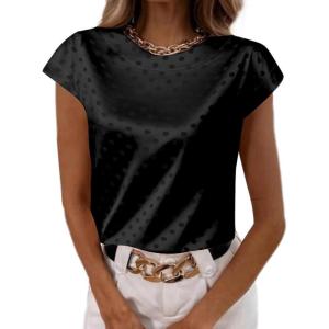imageLYANER Womens Satin Polka Dots Cap Sleeve Crewneck Elegant Office Blouse TopsBlack
