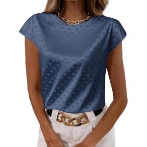 imageLYANER Womens Satin Polka Dots Cap Sleeve Crewneck Elegant Office Blouse TopsDusty Blue