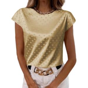 imageLYANER Womens Satin Polka Dots Cap Sleeve Crewneck Elegant Office Blouse TopsKhaki