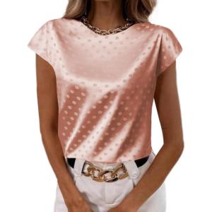 imageLYANER Womens Satin Polka Dots Cap Sleeve Crewneck Elegant Office Blouse TopsPink