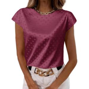 imageLYANER Womens Satin Polka Dots Cap Sleeve Crewneck Elegant Office Blouse TopsPurplish Red