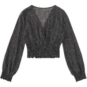 imageLYANER Womens V Neck Shirred Polka Dots Long Sleeve Frill Crop Blouse Shirt TopsBlack
