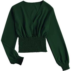 imageLYANER Womens V Neck Shirred Polka Dots Long Sleeve Frill Crop Blouse Shirt TopsDark Green