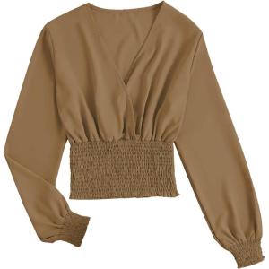 imageLYANER Womens V Neck Shirred Polka Dots Long Sleeve Frill Crop Blouse Shirt TopsDark Khaki