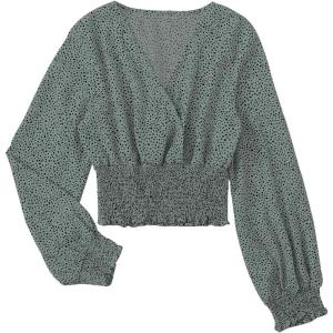 imageLYANER Womens V Neck Shirred Polka Dots Long Sleeve Frill Crop Blouse Shirt TopsLight Green