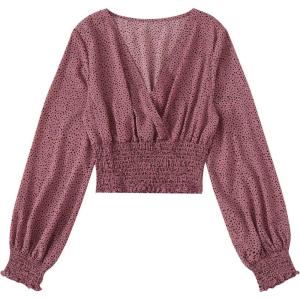 imageLYANER Womens V Neck Shirred Polka Dots Long Sleeve Frill Crop Blouse Shirt TopsPink