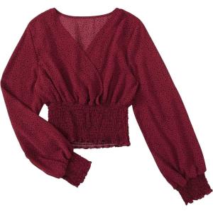 imageLYANER Womens V Neck Shirred Polka Dots Long Sleeve Frill Crop Blouse Shirt TopsRed