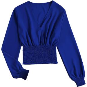 imageLYANER Womens V Neck Shirred Polka Dots Long Sleeve Frill Crop Blouse Shirt TopsRoyal Blue