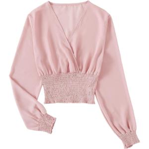 imageLYANER Womens V Neck Shirred Polka Dots Long Sleeve Frill Crop Blouse Shirt TopsSolid Baby Pink