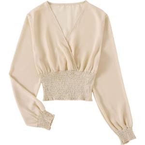 imageLYANER Womens V Neck Shirred Polka Dots Long Sleeve Frill Crop Blouse Shirt TopsSolid Beige