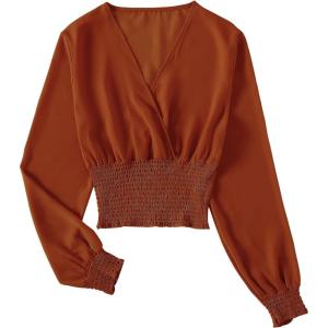 imageLYANER Womens V Neck Shirred Polka Dots Long Sleeve Frill Crop Blouse Shirt TopsSolid Caramel