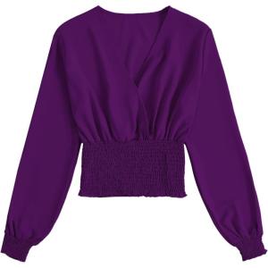 imageLYANER Womens V Neck Shirred Polka Dots Long Sleeve Frill Crop Blouse Shirt TopsSolid Deep Purple
