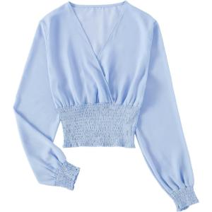 imageLYANER Womens V Neck Shirred Polka Dots Long Sleeve Frill Crop Blouse Shirt TopsSolid Light Blue