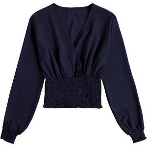 imageLYANER Womens V Neck Shirred Polka Dots Long Sleeve Frill Crop Blouse Shirt TopsSolid Navy