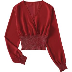 imageLYANER Womens V Neck Shirred Polka Dots Long Sleeve Frill Crop Blouse Shirt TopsSolid Red