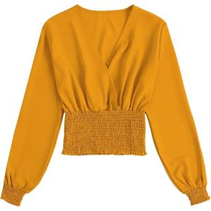 imageLYANER Womens V Neck Shirred Polka Dots Long Sleeve Frill Crop Blouse Shirt TopsSolid Yellow
