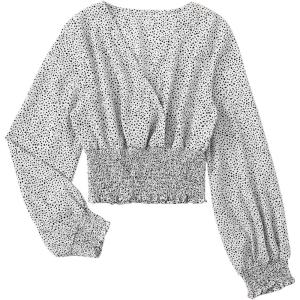 imageLYANER Womens V Neck Shirred Polka Dots Long Sleeve Frill Crop Blouse Shirt TopsWhite