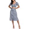 imageLYANER Womens 2 Piece Outfits Floral Self Tie Knot Crop Top and Midi Skirt Set2blue
