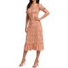 imageLYANER Womens 2 Piece Outfits Floral Self Tie Knot Crop Top and Midi Skirt SetOrange