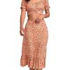 imageLYANER Womens 2 Piece Outfits Floral Self Tie Knot Crop Top and Midi Skirt SetOrange