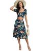 imageLYANER Womens 2 Piece Outfits Floral Self Tie Knot Crop Top and Midi Skirt SetTropical Green