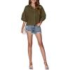 imageLYANER Womens Collar V Neck Button Down Lantern Short Sleeve Blouse Crop Top ShirtArmy Green
