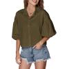 imageLYANER Womens Collar V Neck Button Down Lantern Short Sleeve Blouse Crop Top ShirtArmy Green