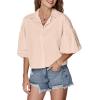 imageLYANER Womens Collar V Neck Button Down Lantern Short Sleeve Blouse Crop Top ShirtBeige