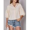 imageLYANER Womens Collar V Neck Button Down Lantern Short Sleeve Blouse Crop Top ShirtBeige