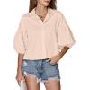 imageLYANER Womens Collar V Neck Button Down Lantern Short Sleeve Blouse Crop Top ShirtBeige