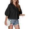 imageLYANER Womens Collar V Neck Button Down Lantern Short Sleeve Blouse Crop Top ShirtBlack