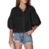imageLYANER Womens Collar V Neck Button Down Lantern Short Sleeve Blouse Crop Top ShirtBlack