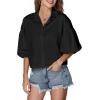 imageLYANER Womens Collar V Neck Button Down Lantern Short Sleeve Blouse Crop Top ShirtBlack