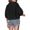 imageLYANER Womens Collar V Neck Button Down Lantern Short Sleeve Blouse Crop Top ShirtBlack