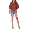 imageLYANER Womens Collar V Neck Button Down Lantern Short Sleeve Blouse Crop Top ShirtBrick Red