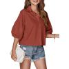 imageLYANER Womens Collar V Neck Button Down Lantern Short Sleeve Blouse Crop Top ShirtBrick Red