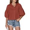 imageLYANER Womens Collar V Neck Button Down Lantern Short Sleeve Blouse Crop Top ShirtBrick Red