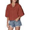 imageLYANER Womens Collar V Neck Button Down Lantern Short Sleeve Blouse Crop Top ShirtBrick Red