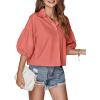 imageLYANER Womens Collar V Neck Button Down Lantern Short Sleeve Blouse Crop Top ShirtCoral Red